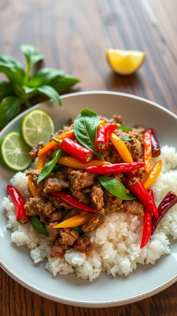 Plate of Pad Kra Pao with ground beef, Thai basil, served over rice with lime and cucumber.